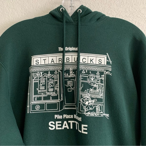 Vtg Starbucks Graphic Hoodie Sweatshirt Mens M Original Pike Place Seattle Green - Picture 3 of 16